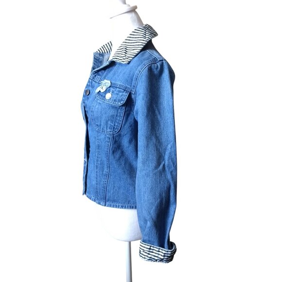 Samantha Sipos Women’s XS  Embroidered Girls Blue Gingham Distressed Jean Jacket - Picture 4 of 7